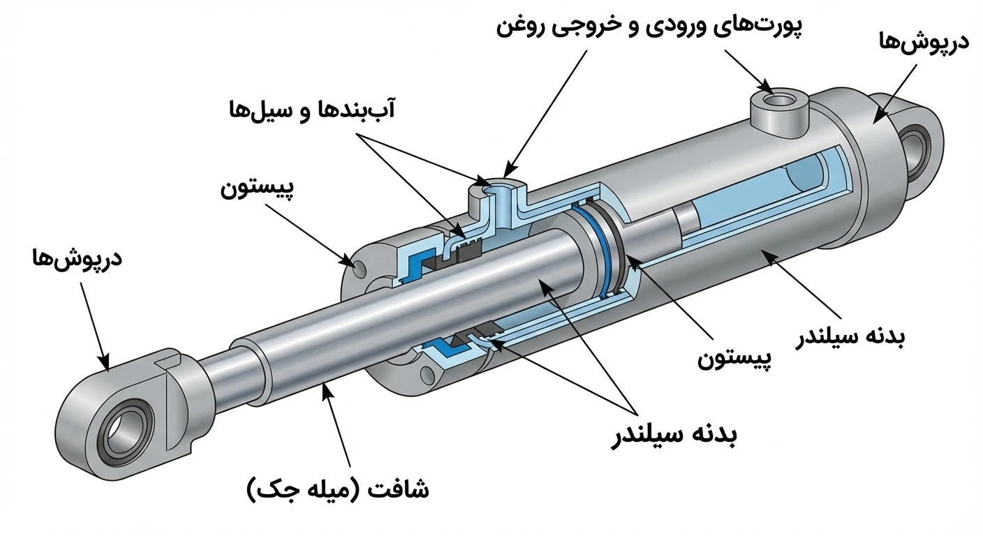 اجزای اصلی جک هیدرولیک یا سیلندر هیدرولیک